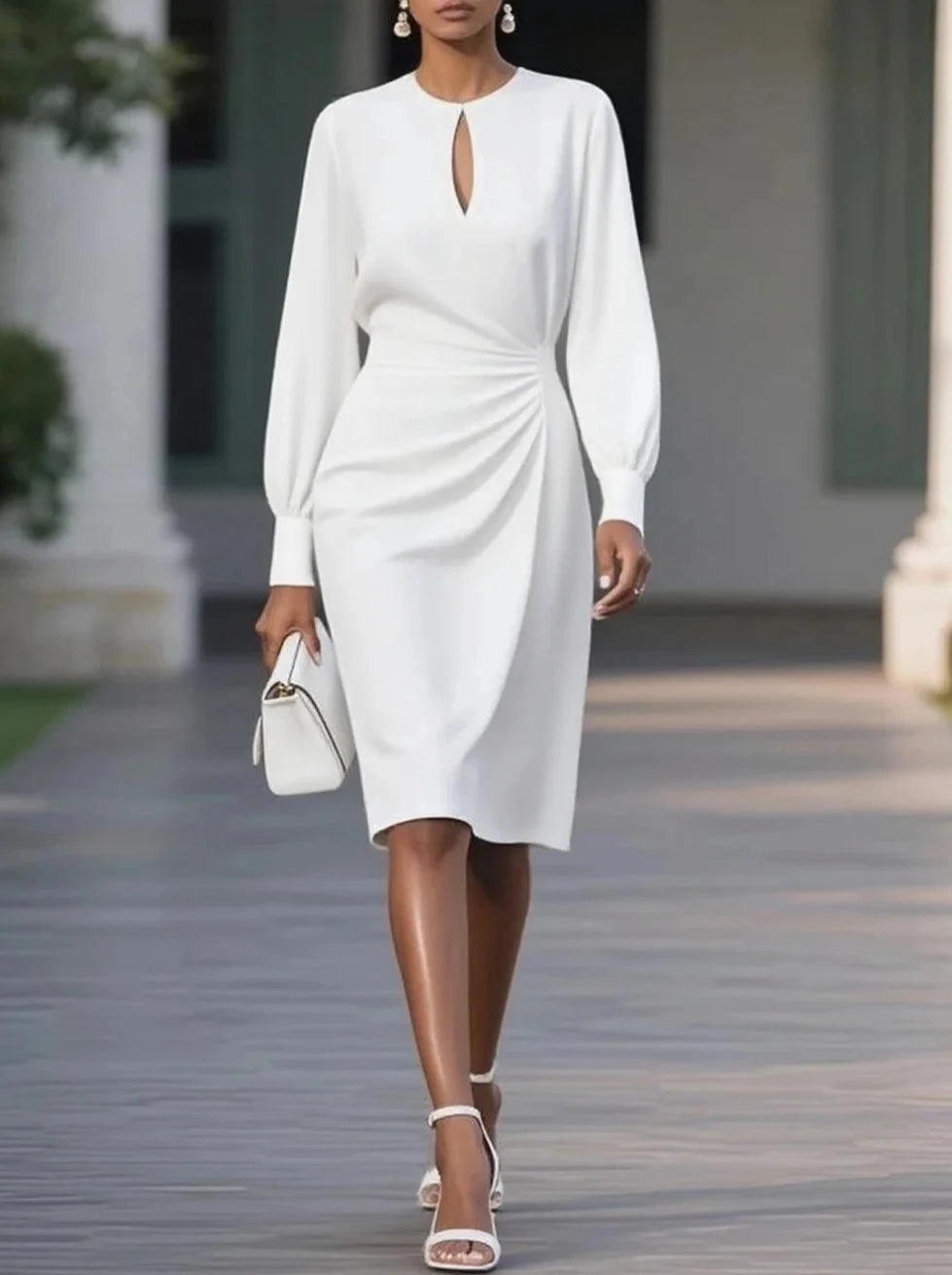 Elegant Woman Dress O Neck Hollow Out Long Sleeve Office Dress Slim A-Line