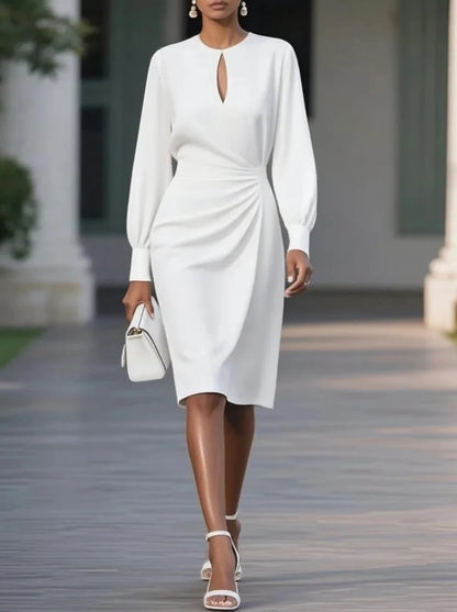 Elegant Woman Dress O Neck Hollow Out Long Sleeve Office Dress Slim A-Line